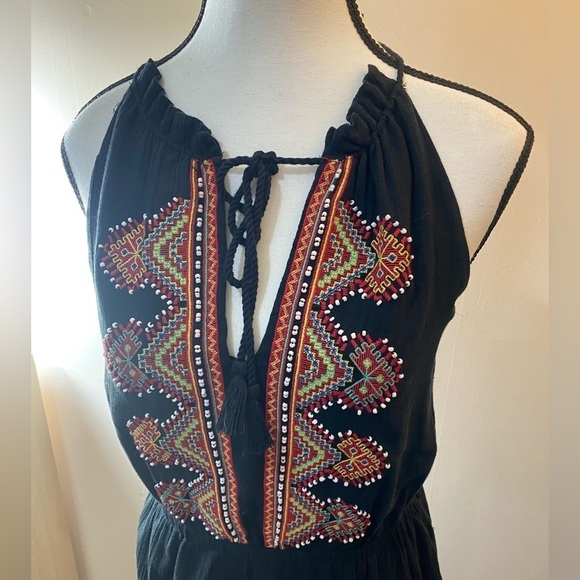 Madewell Embroidered Black Boho Aztec Maxi Dress Halter Top size Small EUC - Picture 2 of 11
